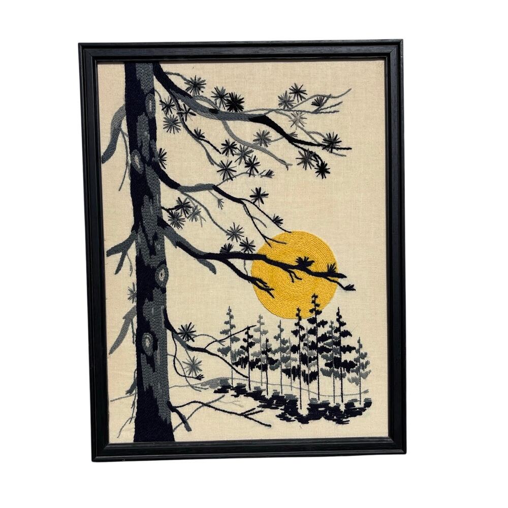 Vintage 1980s Framed Crewel Needlepoint Moody Forest Moon Trees Tree 26x20 ”